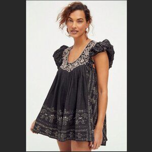 Free People Embroidered Cutie Pie Romper • Black Boho Mini • XS